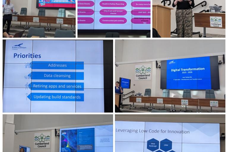 A collage of people presenting and images from their slide decks