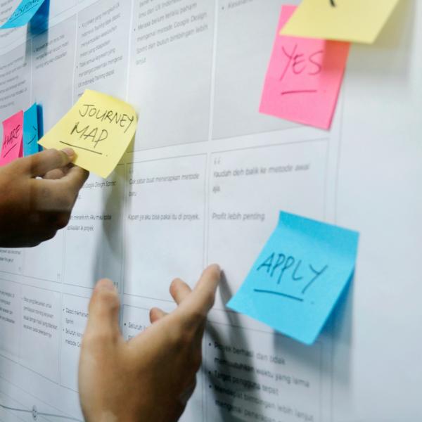 Hands pointing to a whiteboard with sticky notes